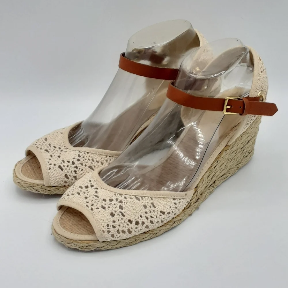 Lauren Ralph Lauren Cream and Brown Espadrille Wedges with Ankle Strap